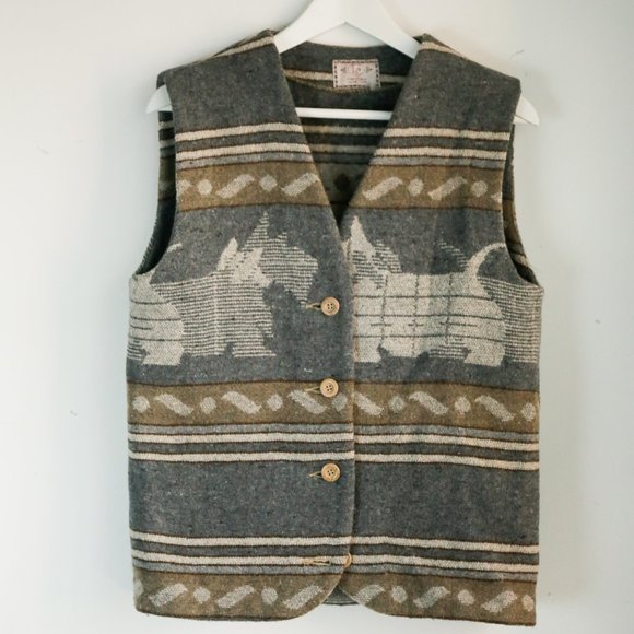 Vintage 90s Y2K Wool Blend Dog Print Vest - Picture 1 of 4